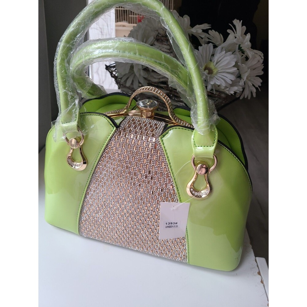 New  Lime Green Patent Leather Handbag with Rhinestone crossbody satchel bag